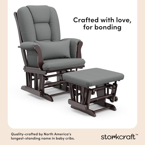 Image of Storkcraft Tuscany Glider and Ottoman with Lumbar Pillow, Espresso /Gray | GREENGUARD Gold Certified, Bonus Lumbar Cushion Included, Solid Wood Base, Smooth Motion, Award-Winning Nursery Rocking Chair
