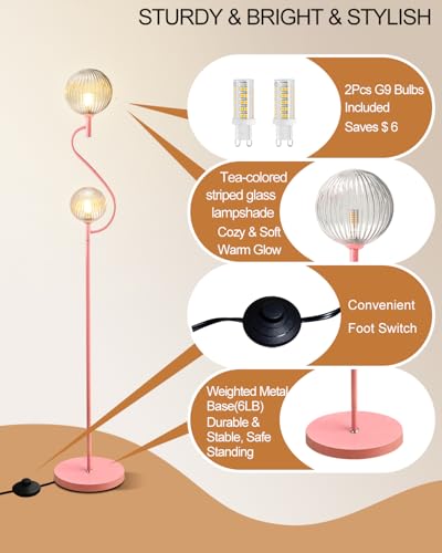 Image of Lightdot Pink Floor Lamp, Mid Century Tall Standing Lamps with Globe Clear Glass Shade Soft Warm White Bulbs Included, Modern Unique Floor Lamp for Living Room /Bedroom /Sofa Beside /Corner Decor