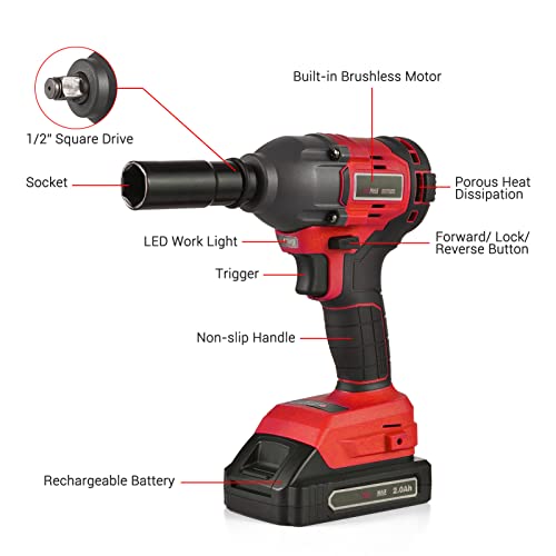 chave de impacto,Chave de impacto sem escova sem fio de 20 V com mandril de 1/2 pol. Velocidade vari