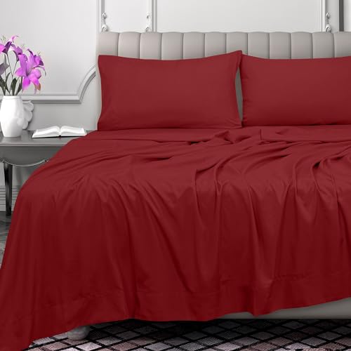 Image of Royale Linens 300 Thread Count 100% Long Staple Combed Cotton Flat Sheet - Super Soft - Top Sheets - Full Flat Sheet Sold Separately - Breathable, Cool & Crisp Percale Sheets Only (Full, Red)