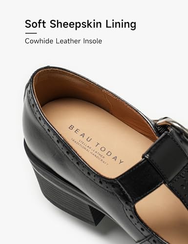 Image of BEAU TODAY Oxford Shoes for Women, Mary Jane Shoes for Women T Strap Leather Wingtip Brogue, Chunky Heel Comfortable Non Slip Dress Work Shoes