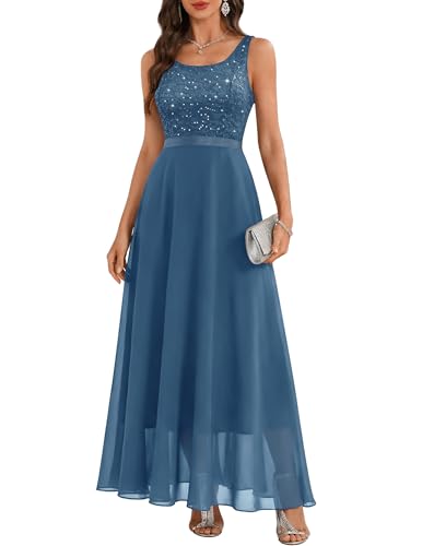Image of BeryLove Sequin Dress for Woman Vintage A Line Wedding Formal Swing Mesh Dress Sleeveless Cocktail Maxi Gowns