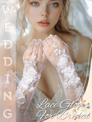Campsis Lace Gloves White Bridal Lace Gloves Floral Tulle Glove for Women3