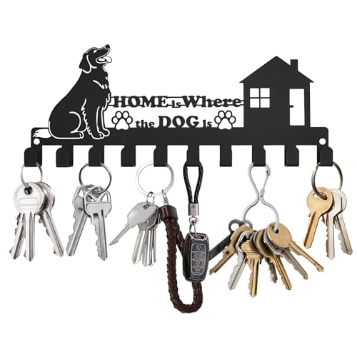QUMENEY Supporto per chiavi per cani da parete, 10 ganci creativi, in ferro, per appendere chiavi, collare e guinzaglio, pettorina per cani (nero