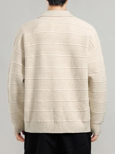 Men's Solid Color Casual Lapel Single-Breasted Hollow Striped Knitted Cardigan3