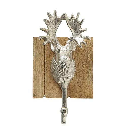 Unbekannt 2 STK große Wandhaken Hirsch Metall/Holz Landhaus braun Silber Farben Hirschkopf Elchkopf Deko Skihütte Apreski Wandhaken Garderobe