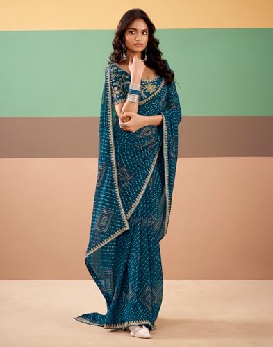 Image of SIRIL Women's Georgette Bandhani Printed, Embroidery Lace Saree With Unstitched Blouse Piece