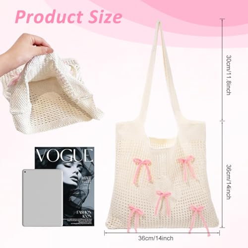 Image of PALAY Tote Bag for Woman Girls Bow Crochet Shoulder Bag Coquette Cute Knitted Women Handbags
