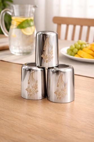 Image of Premium Stainless Steel Glass Set of 3 | Printed Design Tumbler | Food Grade Steel Drinking Glass | Rust-Proof, Durable & Reusable | Ideal for Water, Juice & Daily Use