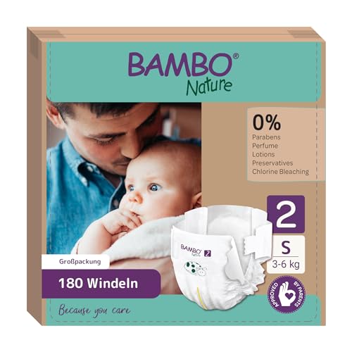 Bambo Nature Baby Windeln Größe 2 (3-6kg) 180 St. Monatsbox | Premium Diapers mit verbesserter Auslaufsicherheit | Ultimativen Komfort & Freiheit für Neugeborene | Dermatologisch getestet Nappies
