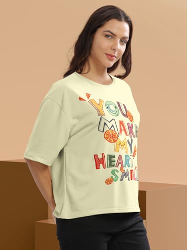 Image of HELLCAT Beige Printed Loose Fit Crew-Neck Crop T-Shirt for Women