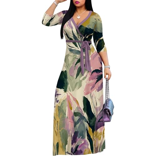 Image of PinkPatty Plus Size Maxi Dresses for Women Casual Flowy Long Dress 3 /4 Sleeve V Neck Wrap Dress with Belt