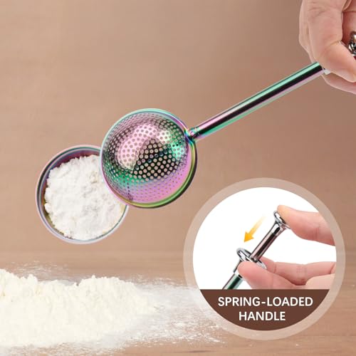 Image of HULISEN Flour Duster for Baking, One-Handed Operation, 304 Stainless Steel Powdered Sugar Shaker Duster, Pick Up and Dust Flour Sifter, Gift Package, Rainbow