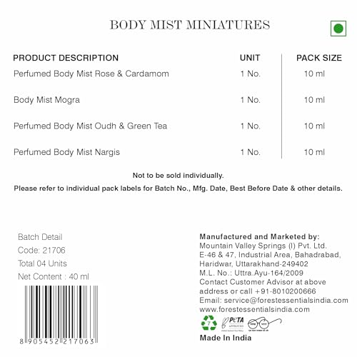 Image of Forest Essentials Luxury Unisex Liquid Perfume Gift Box|4 Long Lasting Floral Scents X 10Ml Each|Nargis, Rose, Oudh & Jasmine Saffron (Pack of 2)