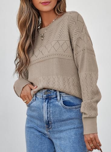 Image of SHEWIN Fall Sweaters for Women Casual Crewneck Long Sleeve Crochet Pullover Tops Sweater