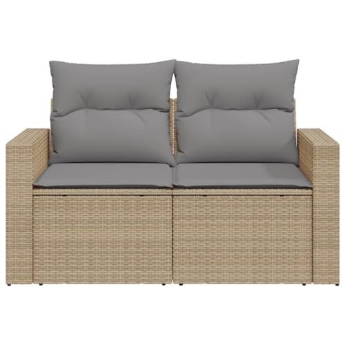 Image of 2-Seater Modular Garden Sofa in Beige PE Rattan with Light Grey Cushions, Weather-Resistant Outdoor Furniture for Patio and Balcony, Contemporary Design with Comfort-Enhanced