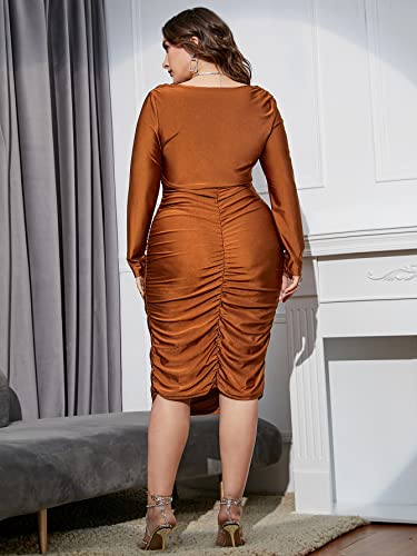 Floerns Women's Plus Size Long Sleeve Draped Cowl Neck Party Bodycon Midi Dress Brown 3Xl #TOP1