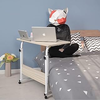 Emall Life Tray Table, Adjustable Sofa/Bed Side Table Portable Desk with Wheels Overbed Table Laptop Cart with Holder Slot (White Maple, 80 x 40 cm)
