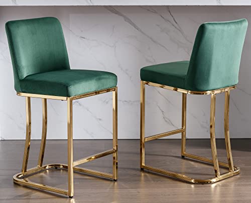 Vescasa 24" H Counter Height Barstools With Back, Mid Century Modern Velvet Upholstered Counter Stool Chairs With Gold Metal Frame For Kitchen Island, Bar, Pub, Set Of 2, Green #TOP1