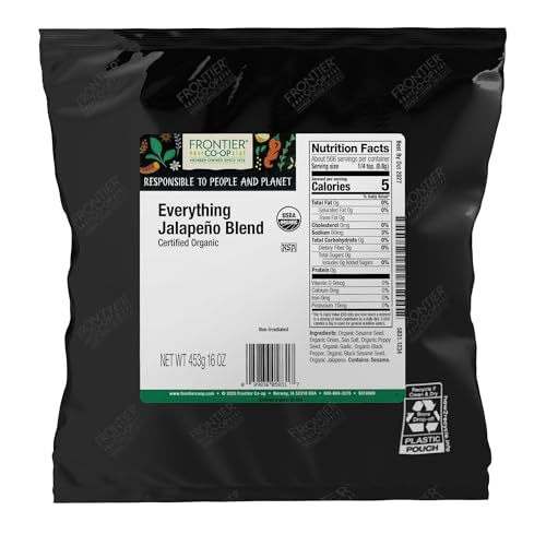 Frontier Co-op Organic Everything Jalapeno Blend, 1lb Bulk Bag - Spicy Herb and Seed Seasoning with Garlic, Sesame and Poppy Seeds, Kosher
