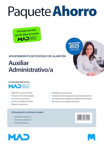 Oposiciones Auxiliar Administrativo/a del Ayuntamiento de Pozuelo de Alarcón. Paquete Ahorro de Libros y Curso MAD360