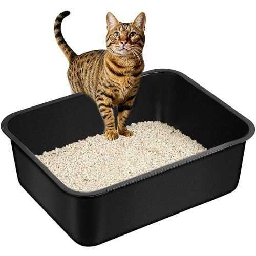 Steel Litter Box - High Sided Metal Cat Litter Box Pan Non-Peeling Black Paint Coating Inside & Outside Easy to Clean Non Stick Cat Litterbox Tray Toilet Pet Supplies for Indoor Kitty Puppy Kitten