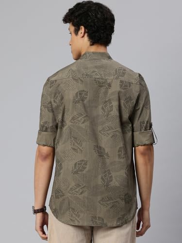 Image of Majestic Man Men's Pure Cotton Printed Mandarin Collar Regular Fit Roll-Up Sleeves Short Kurta