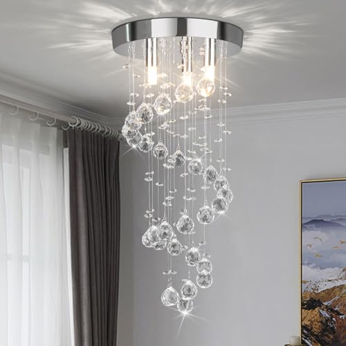 Image of 3-Lights Spairal Crystal Chandelier,Modern Raindrop Light Fixture Pendant Ceiling Mount Lamp Lighting Fixtures for LivingRoom, Bedroom, Bathroom D9 inch X H21.3 inch