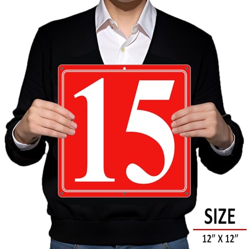 Image of Premium Aluminum Number Signs 15, Metal 12 inch X 12 inch Red Numbered Signs Outdoor for Parking Lots, Floor, Dock, Court, Aisle, Field, High Visibility, No Fade, Weather-resistant