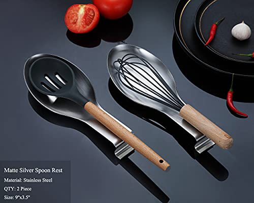 Homquen Matte Silver Spoon Rest, Stainless Steel Spoon Holder For Stove Top, Kitchen Utensils Holder For Ladles, Tongs, Spatula, Stove Spoon Holder, Pot Lid Holder, Dishwasher Safe (2Pc-9.5 Inch) #TOP1