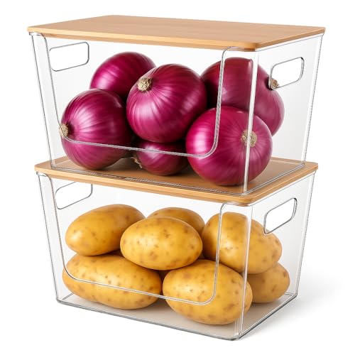 2 Set Pantry Organizers and Storage – Kitchen Organizer with Bamboo Lid for Fruit, Onion, Potato, Vegetable – Clear Stackable Bins for Kitchen Cabinet, Refrigerator, Home Organization