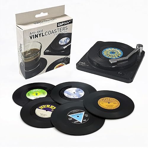 Funny Retro Vinyl Record Coasters for Drinks with Vinyl Record Player