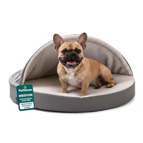 Furhaven 26" Round Orthopedic Dog Bed for Medium/Small Dogs w/ Removable Washable Cover, For Dogs Up to 30 lbs - Sherpa & Suede Snuggery - Gray, 26-inch