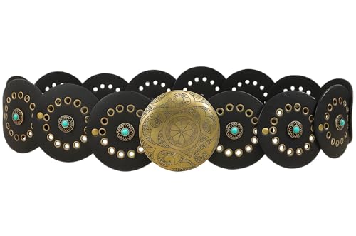 Wide-Disc-Belts Boho-Chunky PU-Leather Western-Concho-Waist-Belt for Women Dress Jeans