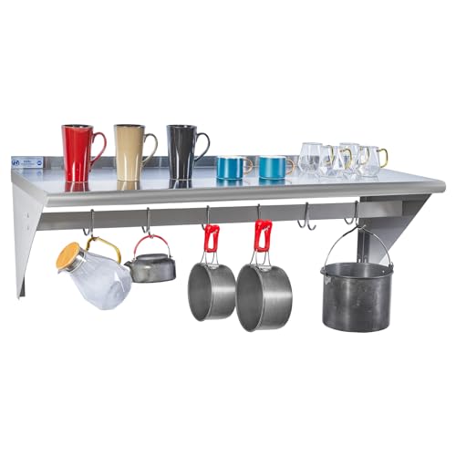 Image of Hally Stainless Steel Shelf with 6 Hooks 18 inch x 48 inch Wall Mounted Pot Rack 400lb, NSF Commercial Floating Shelving for Storage Hanging Pots, Pans, cookware in Restaurant, Kitchen, Home and Hotel