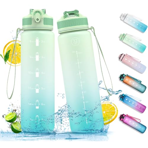 NAVTUE 1L Trinkflasche, Sport-Wasserflasche mit Strohhalm, Zeitmarkierungen, auslaufsicher, Tritan, BPA-frei, Wasserflasche für Schule Radfahren Laufen (blau cyan)