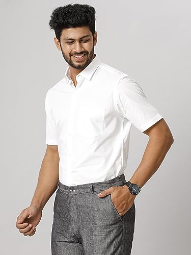 Image of RAMRAJ COTTON Men White Half Sleeve Shirt Crafted For Comfort| Durability| And Timeless Everyday Style