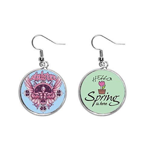 Pendientes de calavera graffiti con reloj y ala de ángel joyería de primavera para oreja