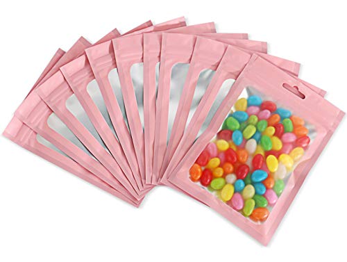 Bezall 100Pcs Resealable Mylar Bags with Front Window Smell Proof Bag Packaging Pouch Bag for Lip Gloss Eyelash Cookies Sample Food Jewelry Electronics Cute (Pink, 3x4.7Inches)