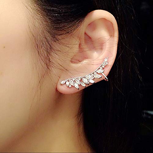Cz Feather Crystal Cuffs Ear Crawler Climber Earrings For Women Girls 925 Sterling Silver Post Pin Dainty Statement Wing Vine Wrap Sweep Up Shiny Birthday Wedding Jewelry Gifts Bridal #TOP1