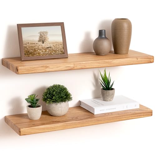 24" Rustic Elm Wood Floating Shelves, 8 Inch Deep Wall