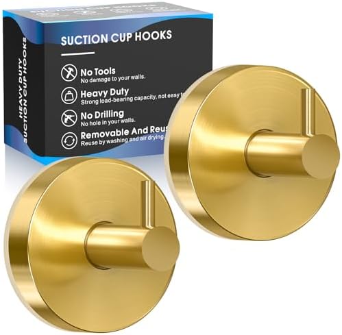 Suction Cup Hooks for Shower,Shower Hook on Glass,Windows,Tile,Mirrors,Metals,Towel Hooks for Bathrooms for Hanging Towels,Robe,Loofah-Gold(2 Pack)