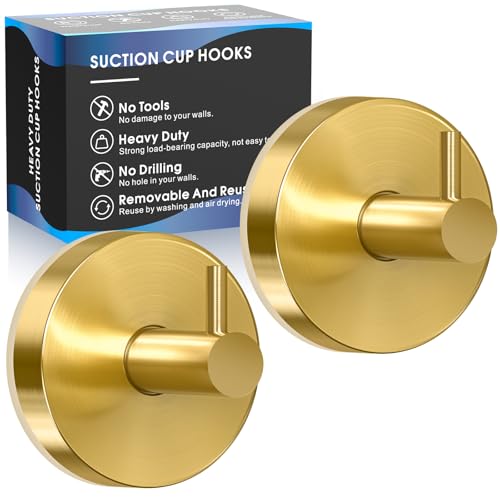 Utobao Suction Cup Hooks for Shower,Shower Hook on Glass,Windows,Tile,Mirrors,Metals,Towel Hooks for Bathrooms for Hanging Towels,Robe,Loofah-Gold(2 Pack)