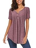 Halife Blusa casual de manga larga con cuello en V Henley para mujer, ajuste holgado, plisada, blusa tipo túnica, A-carbon Pink, XXXL