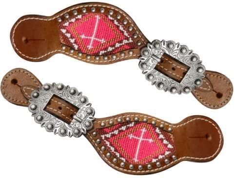Showman Ladies Size Leather Spur Straps w/Beaded Cross Inlay