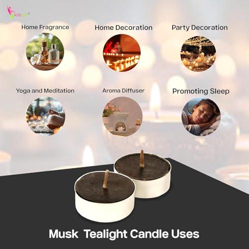 Image of Kriti Life Musk Scented Tealight Candles - 100% Paraffin Wax, Smokeless, Long Burn Time (4.5 Hours), Dripless Black Candles for Home Decor, Diwali, Weddings & Meditation - Set of 50