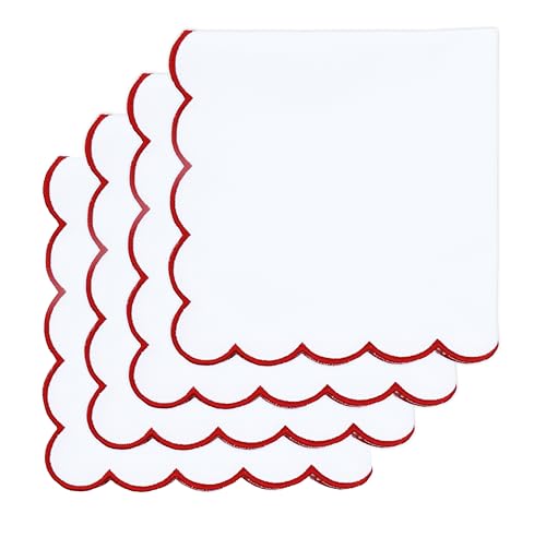 PurpleEssences Scalloped Embroidery Cloth Napkins - Spring Easter Summer - Table Decor - 100% Cotton - Set of 4-18x18 inch - White - Edges - Red