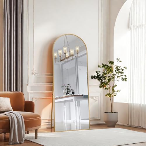 Evaolph Miroir Pleine Longueur arqué, 162 x 53 cm, Grand Miroir de Sol Pleine Longueur, Miroir sur Pied bombé, Grand Miroir sur Pied avec Support, Miroir de Sol bombé, Suspendu (doré, 162x53cm)