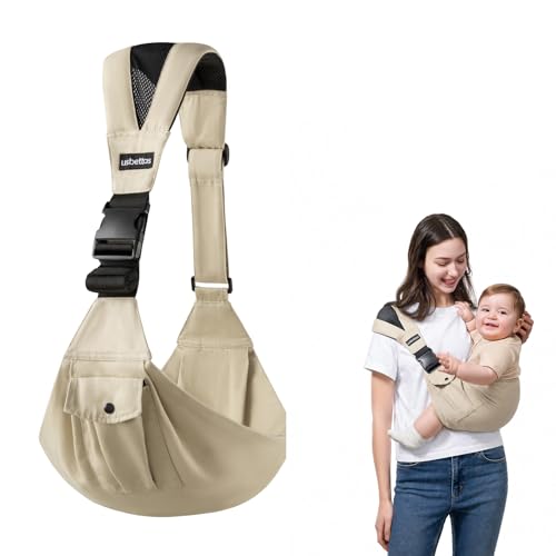 Baby Sling Carrier for Toddlers 436 Months (835 lbs) Ergonomic Hip Carrier with Wide Shoulder Padding Adjustable Waist Strap & Storage Pocket 100% Cotton Hands-Free & Comfortable Beige