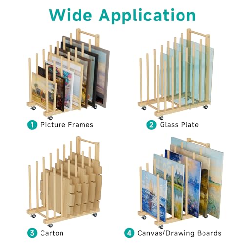 Image of Art Storage Rack with Handle, Art Drying Painting Rack with Caster Wheels, Beech Wooden Art Canvas Storage for Canvas Boards, Panel, Frame for Art Studios, Artworks, Gallery